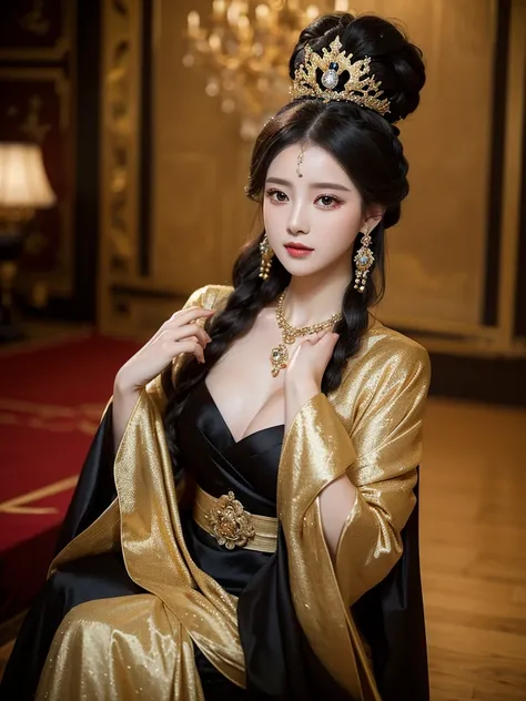 Arapé woman wearing a black dress and gold necklace and earrings, Rococo queen, beautiful fantasy empress, ((beautiful fantasy empress)), Palace ， girl in hanfu, # Rococo, exquisite nobility, Inspired by Hwangji, Inspired by Jeongseon, As an elegant noblew...