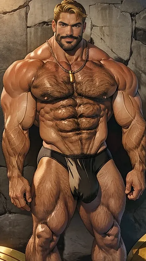 Escanor, bare-chested, massive bulge in the beach underwear, hairy legs wide open, thick thighs, muscular giant, 3 meters tall bodybuilder, flexing, massive biceps, oversized biceps are 240 inches, with long oversized arms, bulging muscles, prominent veins...