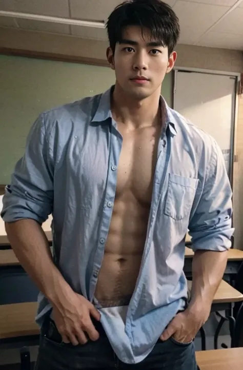 1 handsome asian guy，35 years old，University teacher，Husband，Classroom‎Class，shirt with his chest , wearing back shiny shirt, unbutton shirt at the top part，tall，Muscular，hairy bodies，（thin eyes 1：3），fully body photo, lewd face, tight chest, sweat