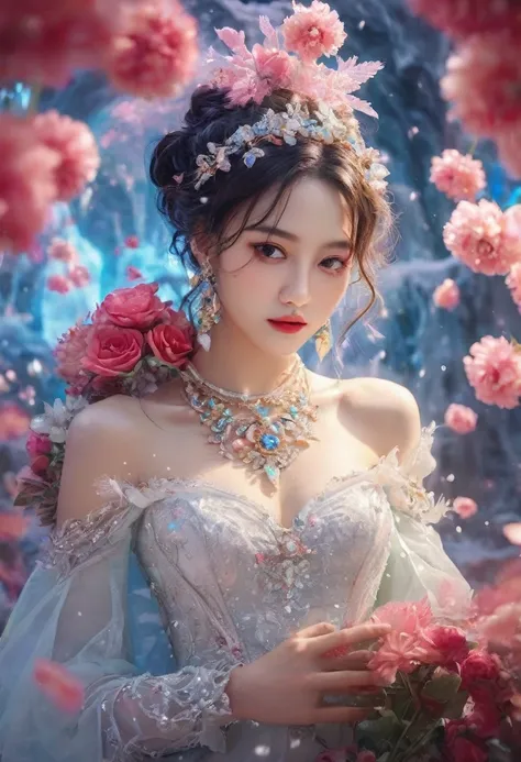 1 woman, 20 years old (Sexy, detailed and beautiful face:1.2), normal breasts, wavy hair, updo, forehead, ice hair bow, beautiful eyes, ((ice wedding dress)), (shining colorful fluorescent dress effect:1.5), evil smile, Gorgeous gems and jewels, necklace, ...