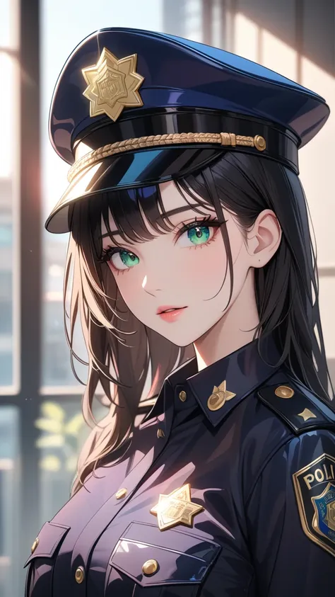 masterpiece, best quality:1.3, 1girl, black hair, green eyes, police uniforms, police hat, transparent colorful vinyl clothing, beautiful detailed eyes, beautiful detailed lips, long eyelashes, delicate facial features, expressive eyes, detailed skin textu...