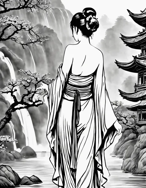 Chinese traditional ink body art style, (Use simple lines to outline the graceful figure of women），Beautiful back， undulating lines, Thick and thin lines, ,
Line Art, Black and White,figure,Line Art,Lyrical Abstraction, Fountain Pen Art,Gel Pen,crayon art,