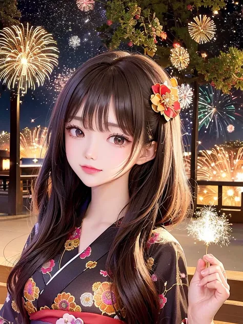 Masterpiece High resolution Highest quality Fractal art Fireworks in the night sky Fantastic flower field at night Profile of a girl looking up at fireworks Long brown haired beautiful girl looking up Profile Hair tied up in a yukata Hairpin Fantastic back...