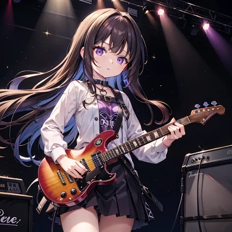 Masterpiece, best quality, high quality, 1girl, Solo, 21 years old, has Long Brown hair, has Purple eyes, wears a rock band outfit clothes, playing on a Blue Rock guitar, has OneBlue Rock guitar on her hands, in the stage, Dark in the room, colorfull Lamps...