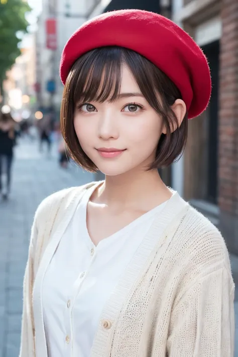 One Woman, (Beautiful woman, Delicate woman:1.3), (Age 25:1.3),
break, (White blouse:1.3), (Cream colored cardigan:1.3), (Red Beret:1.3),
break, Very fine grain definition, (Symmetrical eyes:1.3),
break, (Street Snap:1.3), 
break, Ample breasts, Iris, bang...