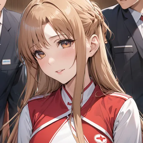 ((Highest quality)), ((masterpiece)), (detailed), （Perfect Face）、The woman is a North Korean named Yuuki Asuna, with light brown, medium-long hair and wearing a joy team costume.、As a member of the pleasure group, the woman serves and gives pleasure to Nor...