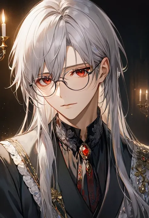 Highest quality, masterpiece, High resolution,gentleman, Silver Hair,maleの子1人, male, thin, Alone in a private room, Upper Body,Long Hair,, Red eyes,Glasses, Around 25 years old,Dark Background,Fantasy