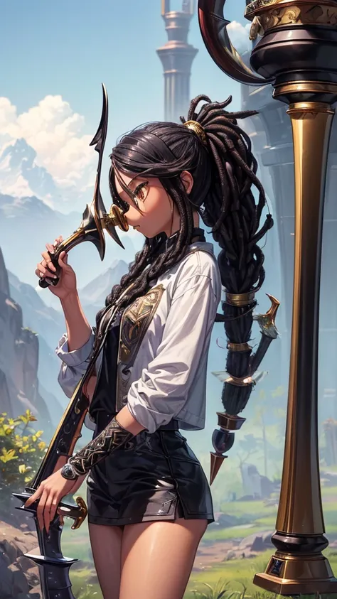 (masterpiece, highest quality, ultra high res, ultra detailed:1.3), 1 cute girl, ideal ratio body proportions, (black fine dreadlocks:1.3), (blowing hunting horn:1.4), 