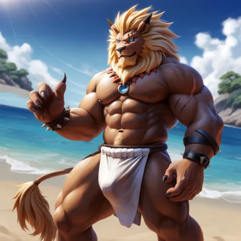 Furry, Kemono, Leon, Leomon, Digimon, (Solo), Bigg Ass, Male Bulge, masculine, Full body, Feet, (Anime Blue Eyes), (Perfect Eyes), Braided Mane, Black leather harness, Spiked Anklet, (White fitted fundoshi), (White Fundoshi) , (Sands Beach background), Hig...