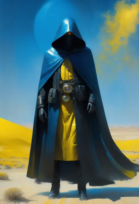 Man in black cape and vaporpunk steampunk costumes in the desert, art in blue and yellow only, steampunk and hooded mask, 4D high relief texture painting, 8k, futuristic vintage, full body view, photorealism, abstract impressionism, arte por Jeremy Mann