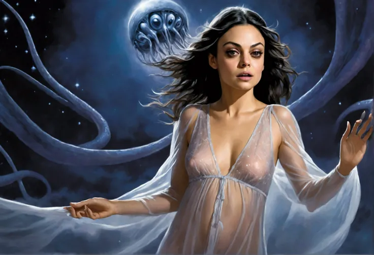 (Mila Kunis, 25 years old, in a sheer nightgown, in a trance), is being swallowed into an eldritch UFO, tentacles caress and push her into the opening as they remove her clothes, flying through the night sky