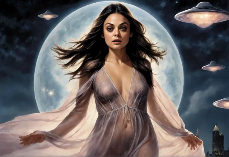 (Mila Kunis, 25 years old, in a sheer nightgown, in a trance), is being swallowed into an eldritch UFO, tentacles caress and push her into the opening as they remove her clothes, flying through the night sky