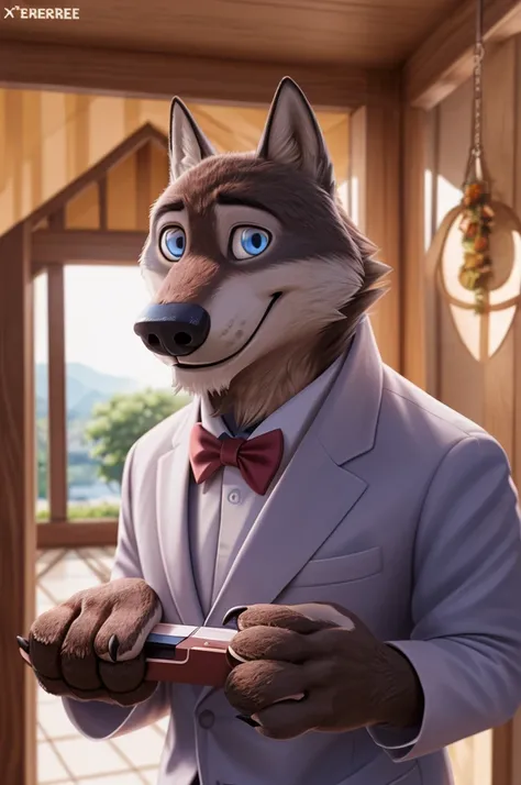 Larry (Zootopia), wolf, gray fur, (brown body:1.3), beautiful blue eyes, Zootopia, dressed,white jacket, pink shirt,White pants,burgundy bow tie,canine,wolf, detailed fur, Male, second, paw pads, finger claws,wears a bow tie, games,At the viewer, 5 fingers...