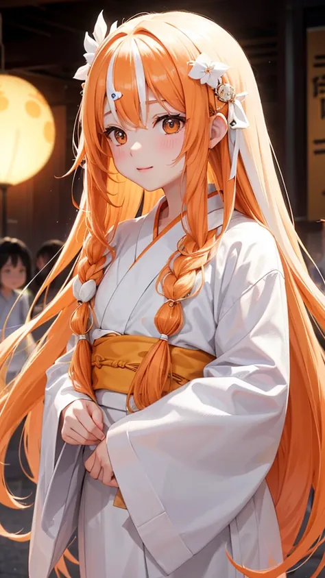 White and orange gradient hair、long hair、Wavy Hair、One Girl、cute、Festivals、White yukata