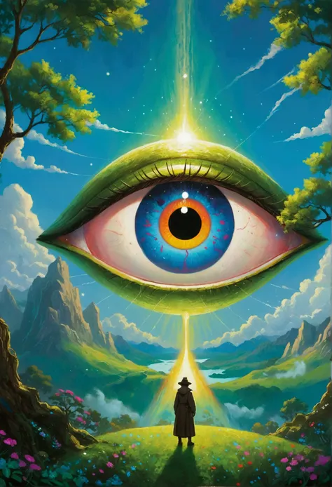 There is a painting，There is a person standing in front of a tree in the painting, Concept Art的灵感来自 Johann Kaspar Füssli, Pixiv competition winner, Concept Art, Giant eye magic spell, Portrait of a mysterious giant eye, Mysterious Eye, Glowing magic eyes, ...