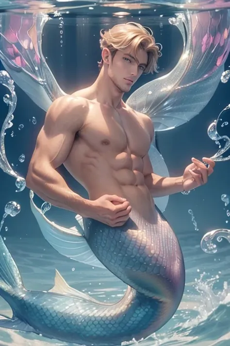 Visualise a beige and mauve (((handsome hunky male mermaid figure))), made ethereal by its transparency, with flowing ((swirls)) of transparent, soft, smoke emanating from its form, evoking the essence of a (fish)