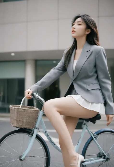 medium closeup, detailed, sharp, solo, biking through tokyo street, jacket, high heel, long legs, office suits, basket, riding b...