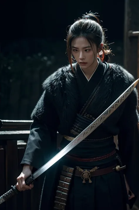 a samurai sword, highly detailed, japanese katana, exquisite craftsmanship, gleaming metal blade, intricate hilt and guard, dramatic lighting, dark moody atmosphere, cinematic composition, hyper realistic, 8k, photorealistic, masterpiece