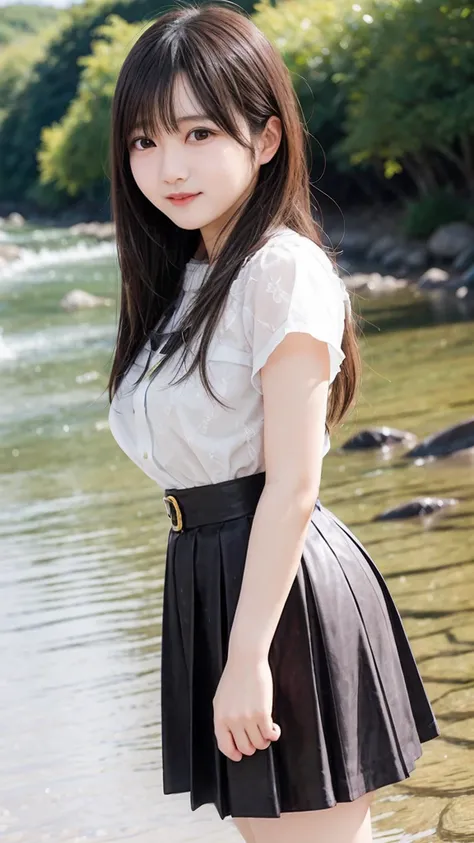 A beautiful girl with a super cute face and a tsundere personality、Rural riverbed、Bust size: 33DD、Waist size 21 inches、Innocent girl pleated skirt、Innocent girl&#39;s shirt、Favorite panties、The highest standard of ultra-high definition full-body photos、(Sm...