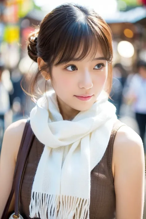 Cute beautiful girl in Japan、Photorealistic、(Masterpiece), (Highest quality), White sleeveless dress、A refreshing scarf、With her bag slung across her chest,