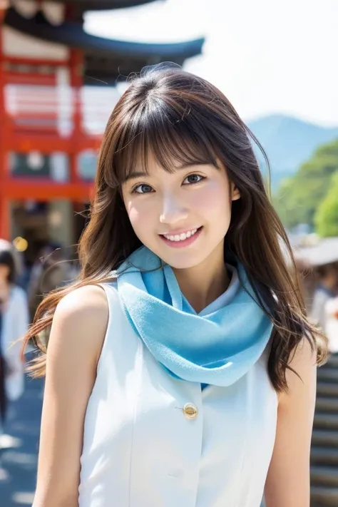 Cute beautiful girl in Japan、Photorealistic、(Masterpiece), (Highest quality), White sleeveless dress、A refreshing scarf、With her bag slung across her chest,