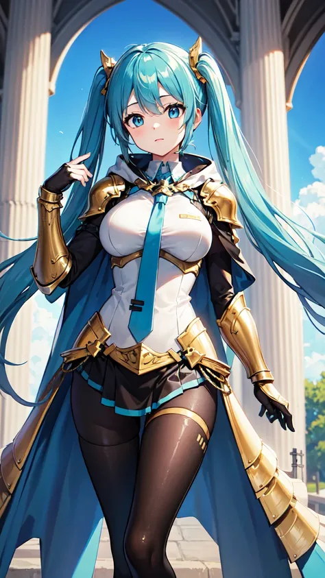 masterpiece, Highest quality, 8K Hatsune Miku VOCALOID, Light blue hair、Bright Blue Eyes、 1 female, Big Breasts, Equip Cloak, ((The armor is white and gold))、((Gold sculpture)), {{Full Armor}}, ((knight armor)), black tights, church