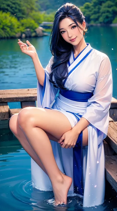 ((4K,masterpiece,Highest quality)), Shui Movissim, Chinese painting, Lotus, Hanfu, Maxi Kit, Dress Open, swf 1 girl, alone, Long Blue Hair, smile, Are standing, Soak your feet in water, barefoot,