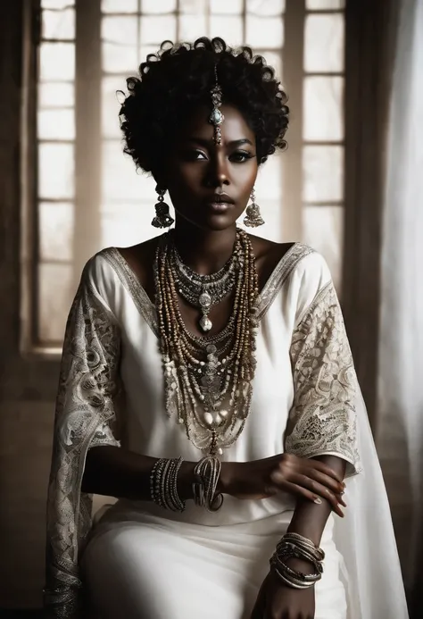 A captivating portrait of a mysterious woman adorned with intricate jewelry, from delicate necklaces to bangle bracelets that wrap around her wrist. Her dark skin complements her curly hair that frames her face. Sitting in a dimly lit room, she exudes an i...