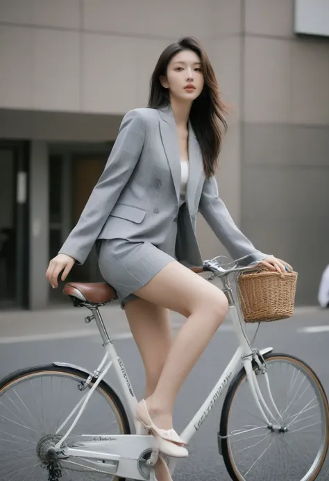 medium closeup, detailed, sharp, solo, biking through tokyo street, jacket, high heel, long legs, office suits, basket, riding b...