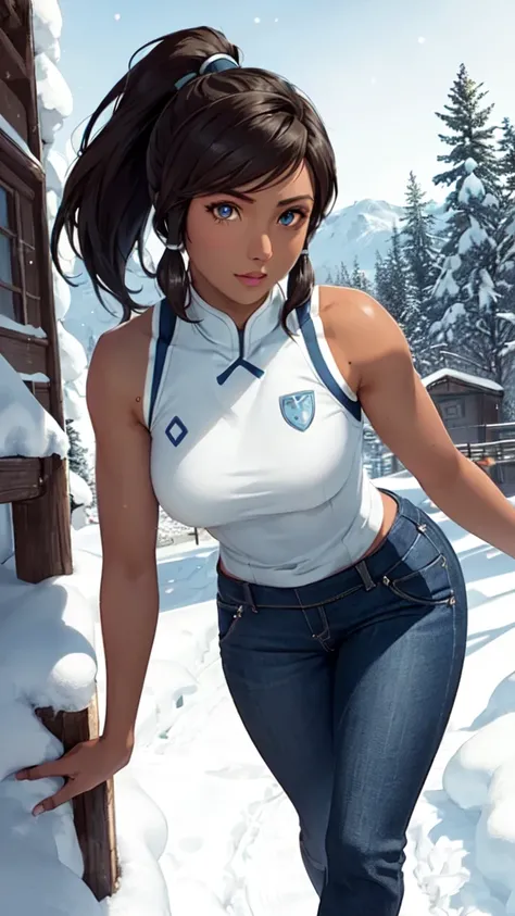 (korra:1.2), muscular woman, (ponytail, hair tubes:1.2), sleeveless, bare shoulders, brown hair, blue eyes, dark blue pants, winter background, snow, winter village, (tan skin, dark skin, dark-skinned female:1.5), (realistic:1.2),  (masterpiece:1.2), (full...