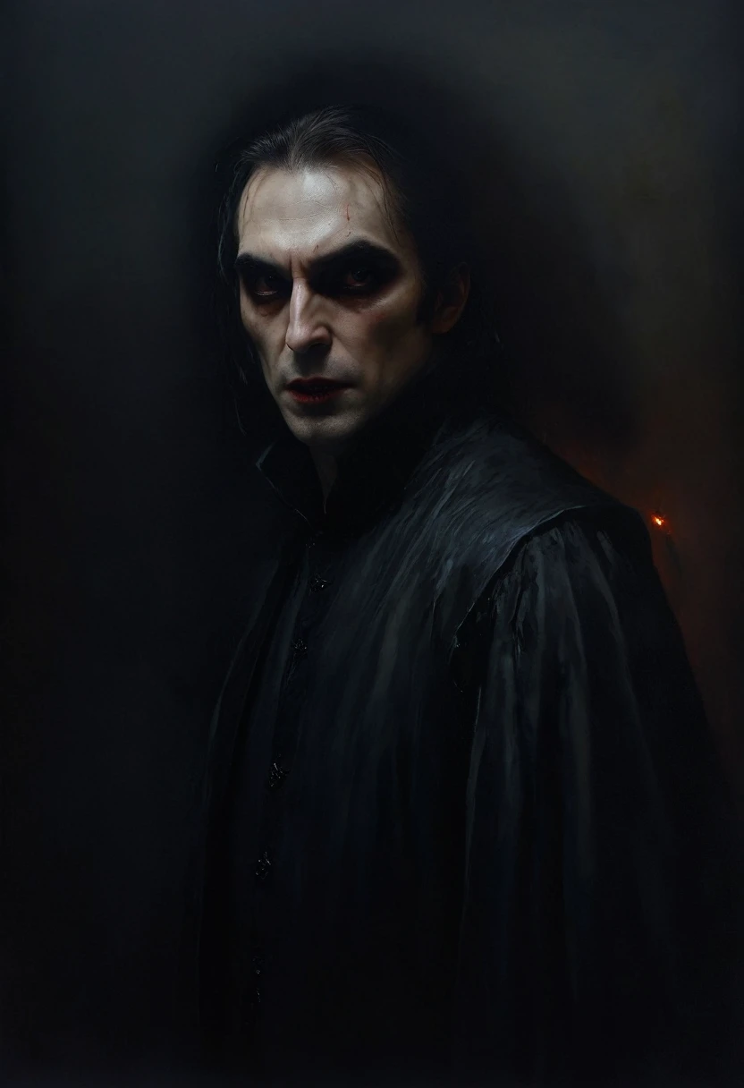 painting of a vampire, dark atmosphere, cinematic scene, volumetric lights, ultra realistic, in the style of nicola samori