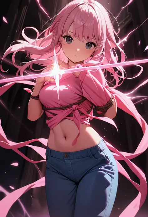 a cute girl with black eyes and pink hair wearing a pink t-shirt tied up to her navel and blue pants who has a magic weapon