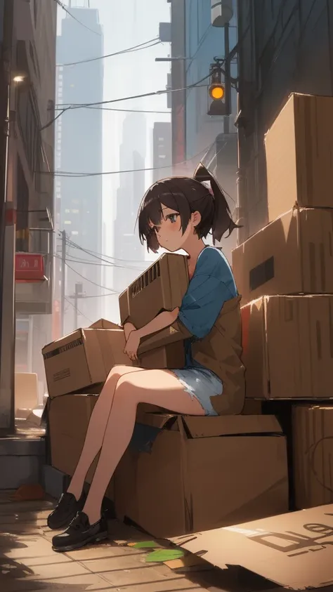 ((Best quality)), ((masterpiece)), (detailed), 1 girl, dirty clothes, Torn clothes, city, rain, (((sitting on a piece of cardboard))), night