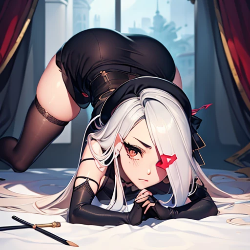 vaggie, (((an x in the eye))) ((gray skin))((corps entier 5.5, plan large 2.5)), from behind、from behind、on all fours,masturbating with her fingers(masterpiece, best quality:1.4), absurdres, highres, ultra detailed, beautiful,  (secretary), (perfect face, ...