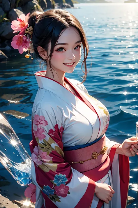 Smiling beautiful woman in a kimono holding a transparent glass of water close to her face