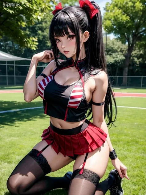 Photorealistic, high resolution, A Japanese Cheerleader named Jade, solo, makeup, Double D bust. Hips up, (Detailed face), Red and Black Cheerleader outfit with short pleated skirt. Black hair, Long hair, Skirt opened to reveal Black lace Panties and thigh...