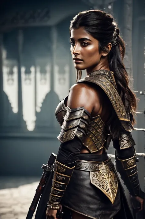 "Pooja Hegde as a powerful warrior woman, dark and atmospheric setting, confrontational and strong pose, looking at viewer, minimal striking armor, dark metallic, angular shoulder armor, chest plate, ornate belt, minimal cloth, intricate forearm and leg gu...