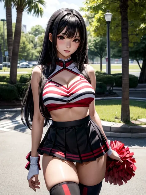 Photorealistic, high resolution, A Japanese Cheerleader named Jade, solo, makeup, Double D bust. Hips up, (Detailed face), Red and Black Cheerleader outfit with short pleated skirt. Black hair, Long hair, Skirt opened to reveal Black lace Panties and thigh...