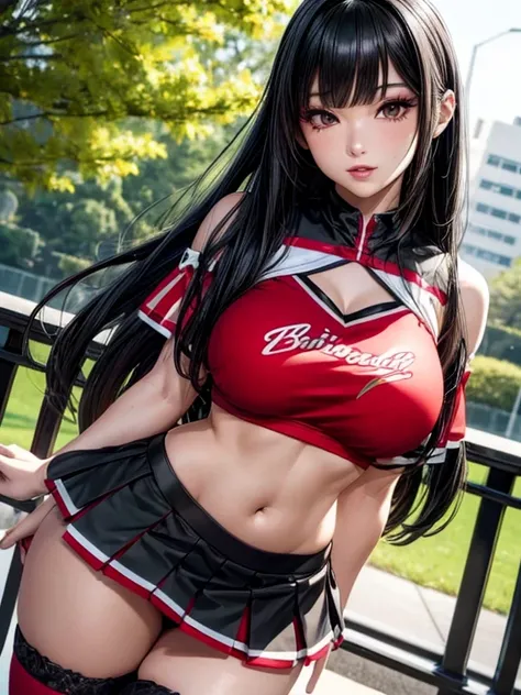 Photorealistic, high resolution, A Japanese Cheerleader named Jade, solo, makeup, Double D bust. Hips up, (Detailed face), Red and Black Cheerleader outfit with short pleated skirt. Black hair, Long hair, Skirt opened to reveal Black lace Panties and thigh...