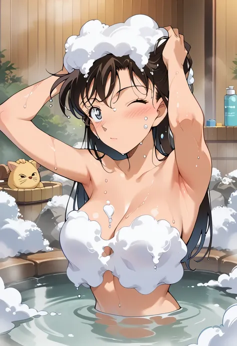 masterpiece,high resolution,highest quality,8k (detective conan,maorilan) (completely naked,large hot springs,hands on head,sham...