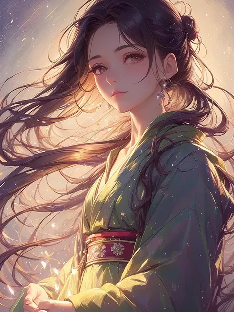 Masterpiece High resolution Highest quality Fractal art Fantastic fireworks in the night sky Fantastic flower field at night Beautiful girl with long brown hair in a yukata Profile Yukata with tied hair Hairpin Fantastic background Korean glitter eye makeu...