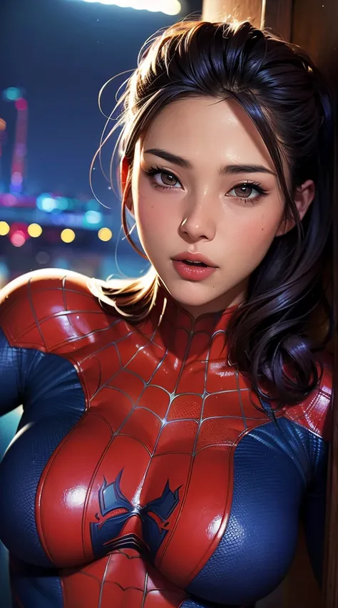 Photo portrait of a female spiderman, Atmospheric scenery, masterpiece, Highest quality, (Beautiful face in every detail, Skin texture details, Super-detailed body:1.1),