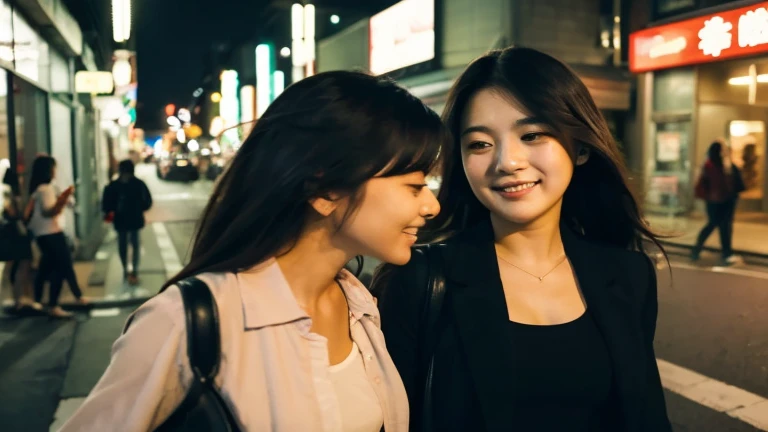 Two women in their twenties heading to the store、Japanese、Downtown at night