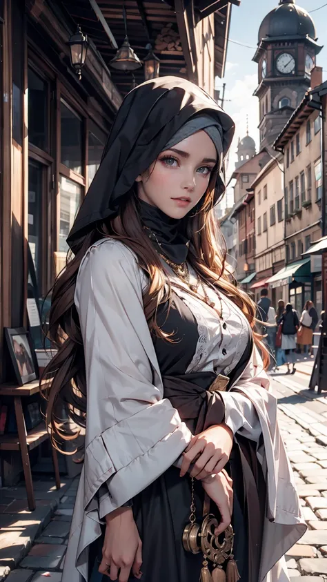 (Highest quality, 8k resolution, (Realistic, photoRealistic:1.37)) Girl in Arabian costume, Wearing a black abaya, A black hijab covering the head, Black niqab covering the mouth, Standing on a cobblestone street lined with sturdy stone buildings. Sunlight...