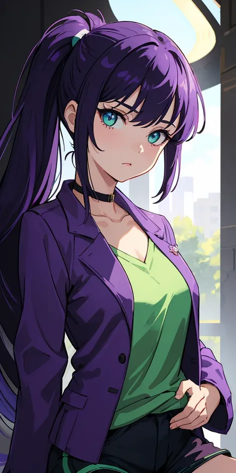 One girl, perfect face, tyrian purple pony tail hair, green shining eyes color, purple jacket and lavender short shirt and blue short pants 