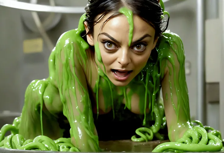 (Mila Kunis, 25 years old, nude, covered in slime, scared) tentacle aliens have strapped her to a metal examination table with her butt arched up. Slimy tentacle aliens with big eyes and giant toothy mouths are examining her butt, spreading her butt cheeks...