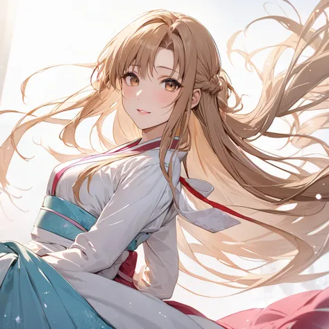 ((Highest quality)), ((masterpiece)), (detailed), （Perfect Face）、The woman is a North Korean named Yuuki Asuna, with light brown, medium-long hair and a gorgeous, glittering hanbok.