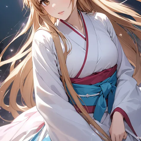 ((Highest quality)), ((masterpiece)), (detailed), （Perfect Face）、The woman is a North Korean named Yuuki Asuna, with light brown, medium-long hair and a gorgeous, glittering hanbok.