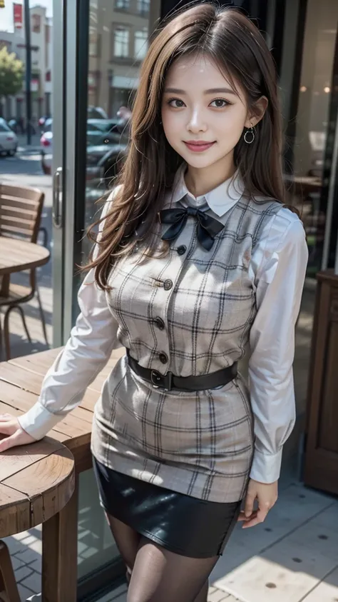 (Best Quality, Masterpiece),Wearing a pink plaid vest, White short sleeved shirt, Gray pencil skirt, Wear stiletto heels, Necklace, earrings, Cute face, Smile, Blushing, Shyness, Glass wall, Ultra Detail, Realistic, Front view, Whole body, stunning, cute, ...