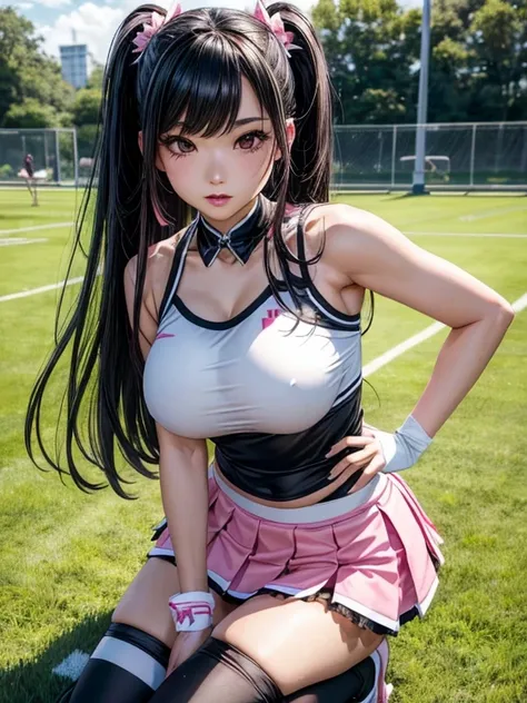 Photorealistic, high resolution, A Japanese Cheerleader named Jade, solo, heavy makeup, Double D breast. Hips up, (Detailed face), Pink Cheerleader outfit with short pleated skirt. Black hair, Long hair, Skirt opened to reveal Black lace Panties and thigh ...